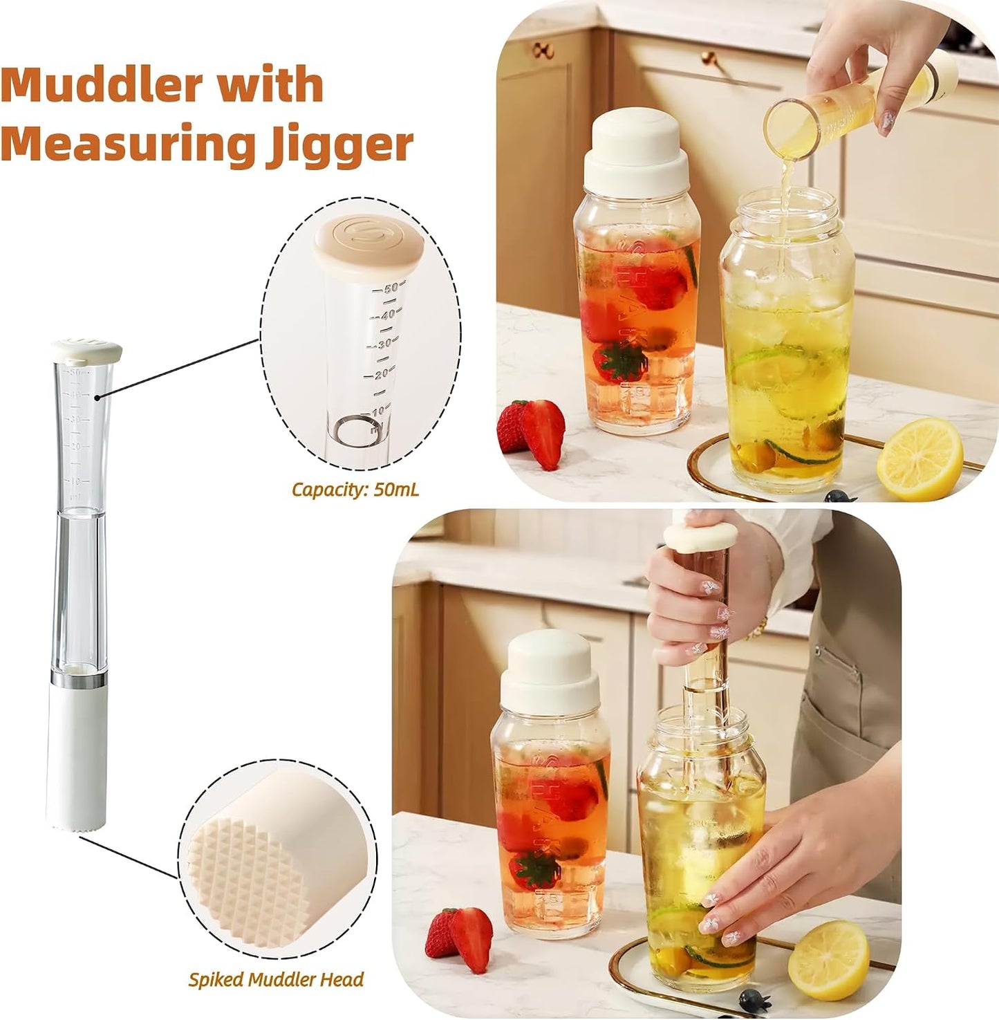 Cocktail Shaker Set-19 oz Glass Martini Shaker with Built-in Strainer，Muddler with Measuring Jigger and Stainless Steel Mixing Spoon, Home Bartender Kit Bar Tool for Margaritas Making, Drinks Mixing
