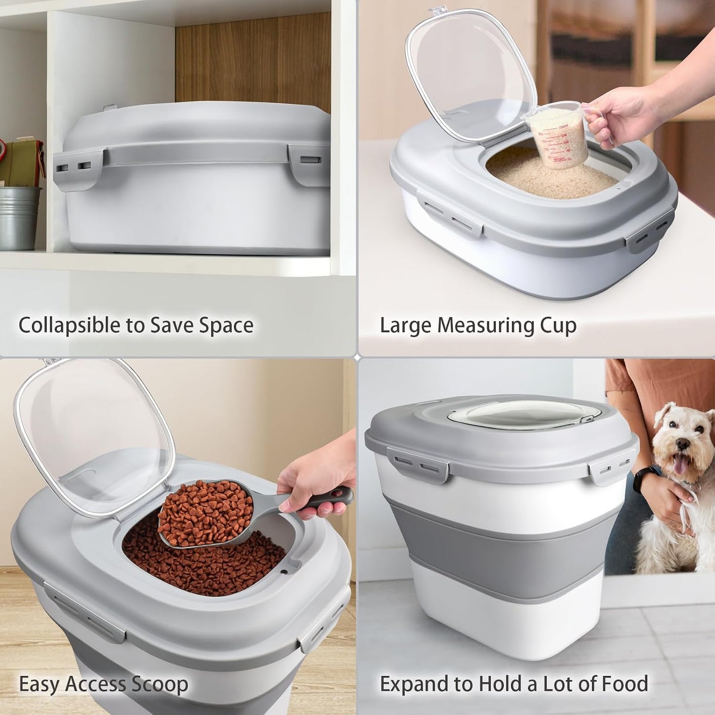 Komzon Rice Storage Bin Cereal Containers, 13-50lb Collapsible Rice Container Dispenser with Transparent Lid, Rolling Wheels, Measuring Cup and Scoop, Airtight Dog Cat Pet Food Storage Container Green