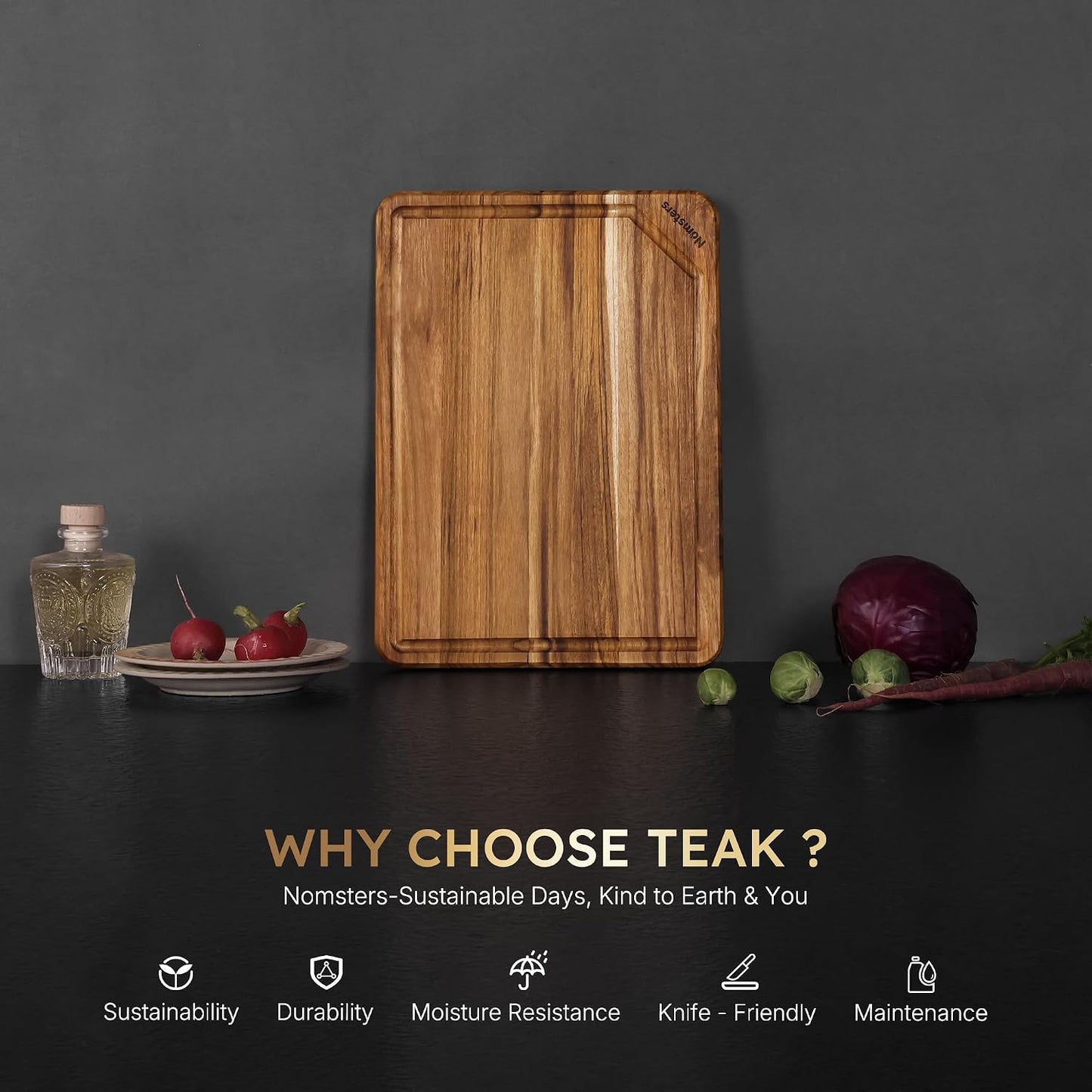 3 Pack Teak Wood Cutting Board Set with Holder Non Slip Over Sink Wooden Chopping Board for Fresh Meat Vegetable Thick Haus Perfect for Charcuterie Juice Groove Kitchen Accessories - FSC Certified