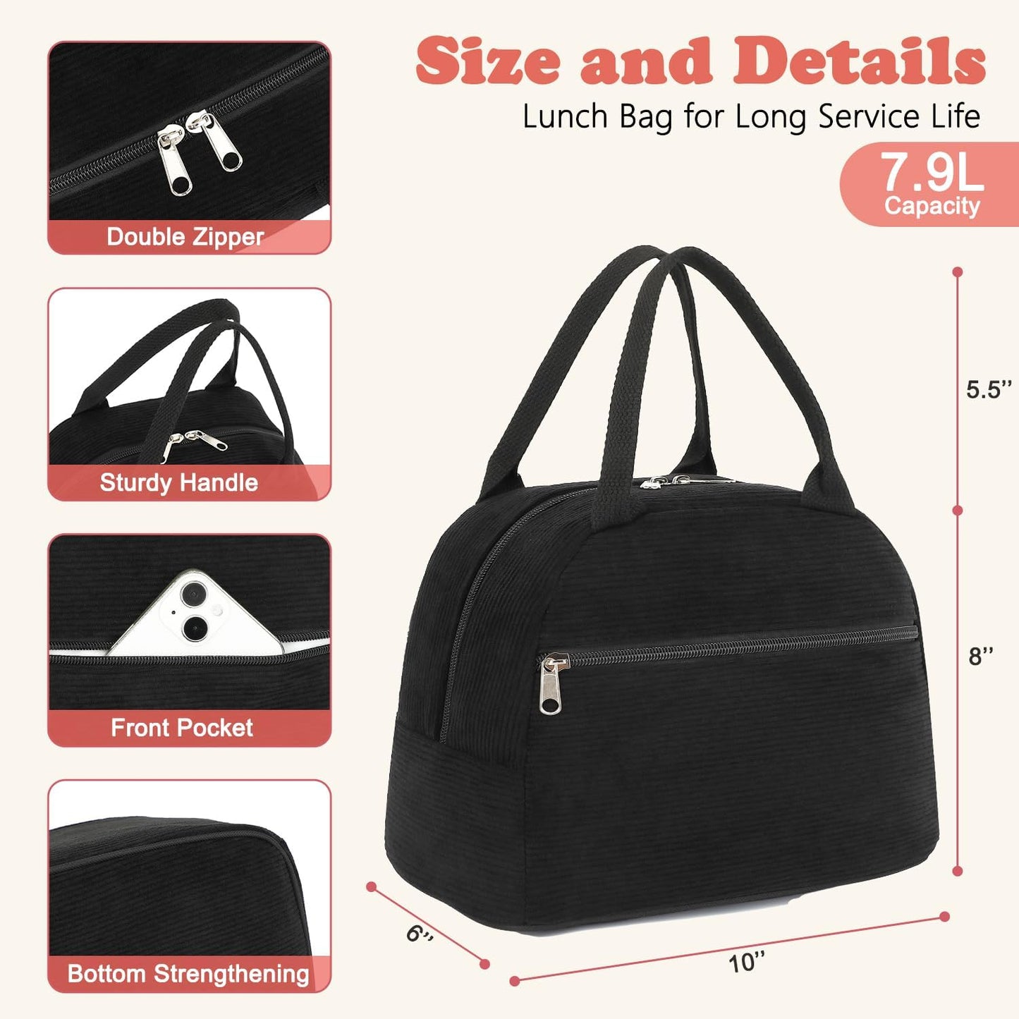 GYEUKHAM Lunch Bag Women, Lunch Box for Adult Men Kids Girls, Small Cute Lunchbox Tote Large Capacity Insulated Lunch Container Cooler for Work School Picnic Travel, Black White Stripes