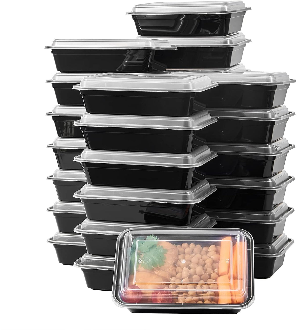 FULING 32 oz 50 ct Round Meal Prep Containers with Lids Plastic Food Storage Lunch Plan To Go Box Disposable Take Out Bowls Black BPA Free Reusable Durable Stackable Microwave Freezer Dishwasher Safe