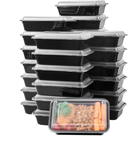 FULING 32 oz 50 ct Round Meal Prep Containers with Lids Plastic Food Storage Lunch Plan To Go Box Disposable Take Out Bowls Black BPA Free Reusable Durable Stackable Microwave Freezer Dishwasher Safe
