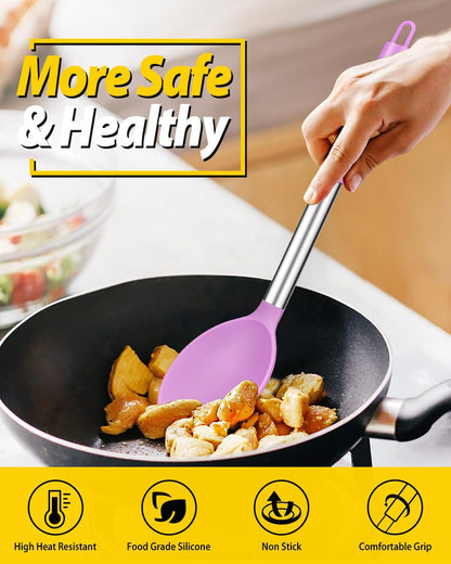 Pack of 2 Large Silicone Cooking Spoon Non Stick Solid Basting Spoons Heat-Resistant Kitchen Utensils for Mixing Serving (Gray-Blue)