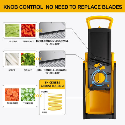 [All in 1] Upgraded Version Safe Mandoline Slicer for Kitchen, Adjustable Thickness. Veggie Slicer, Rapid Prep Mandoline, Detachable Blade, Cleaning Brush/Paring Knife (Black Knight)