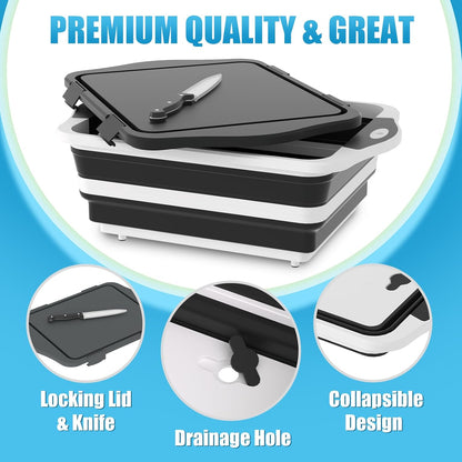 HI NINGER BBQ Prep Tub with Lid, Collapsible Camping Sink with Colander, Cutting Board & Knife Set for Grilling, Smoking & Outdoor Cooking, Collapsible Wash Basin for RV Camping Essentials