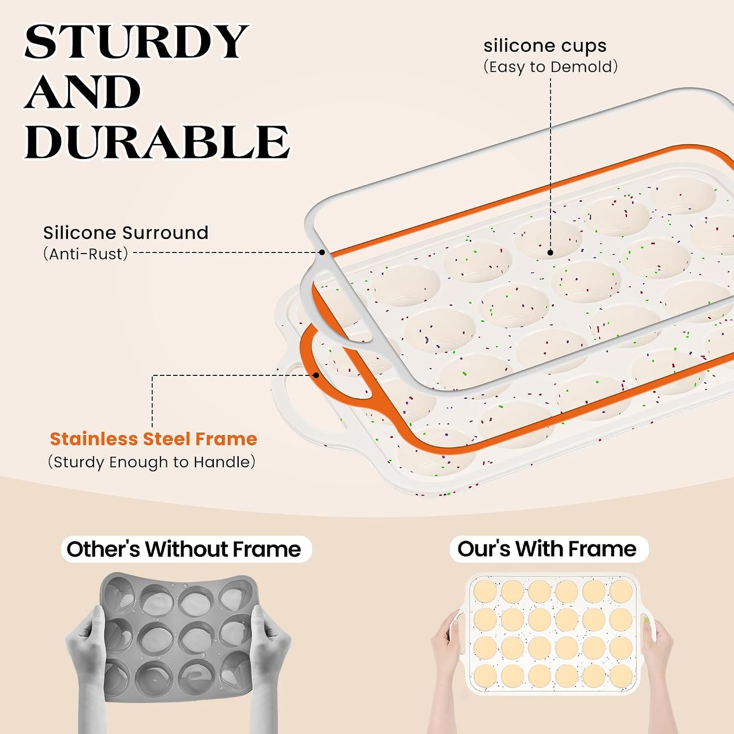 Regular 12 Cup and Mini 24 Cup Nonstick Cupcake Pan Set Silicone Muffin Pan for Baking Silicone Cupcake Mold with Metal Reinforced Frame BPA Free (2 Pcs, Cream)