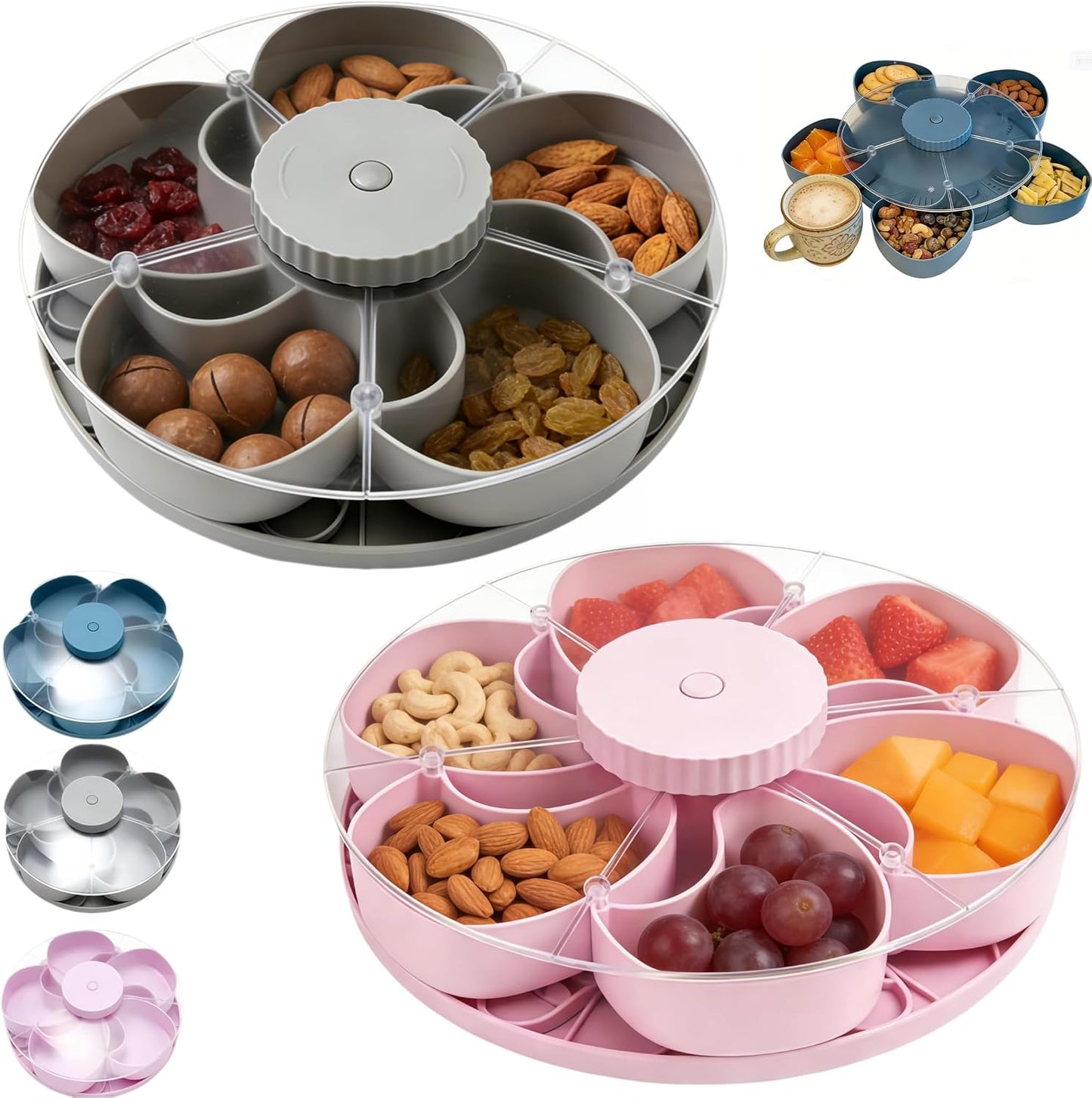 Divided Serving Tray that Spins with Lid, 5-Compartment Rotating Snack Container & Snackle Box, Lazy Susan Veggie Fruit Tray Organizer for Party Appetizers, Travel, Picnic (1PCS Gray)