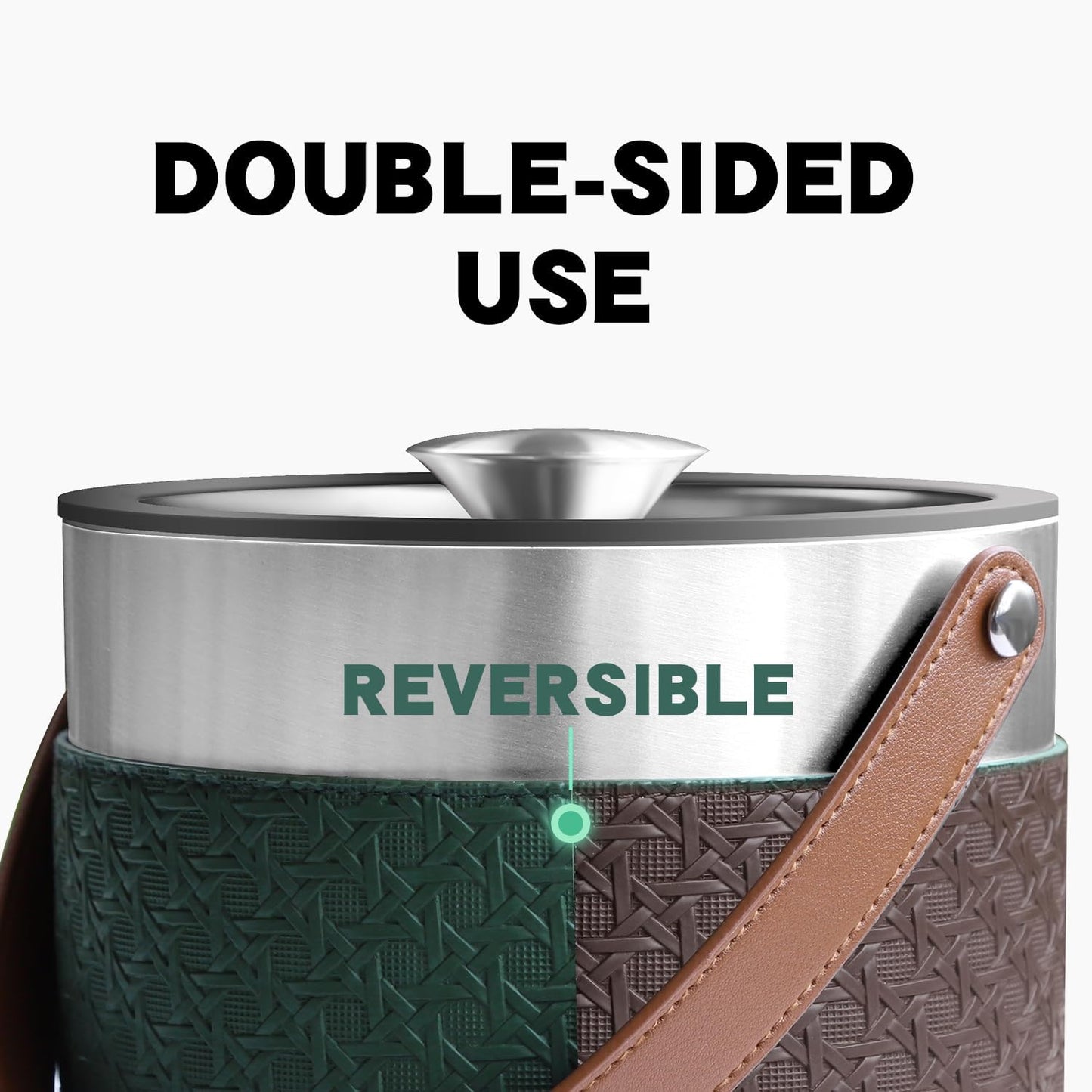 Bakpoco Double-Wall Vacuum Insulated Ice Bucket with Lid, Scoop, Ice Tong, Strainer & Leather Handle Keep Ice Frozen Longer Large Wine Ice Buckets for Cocktail Bar,Parties Chilling Beer Champagne 3L