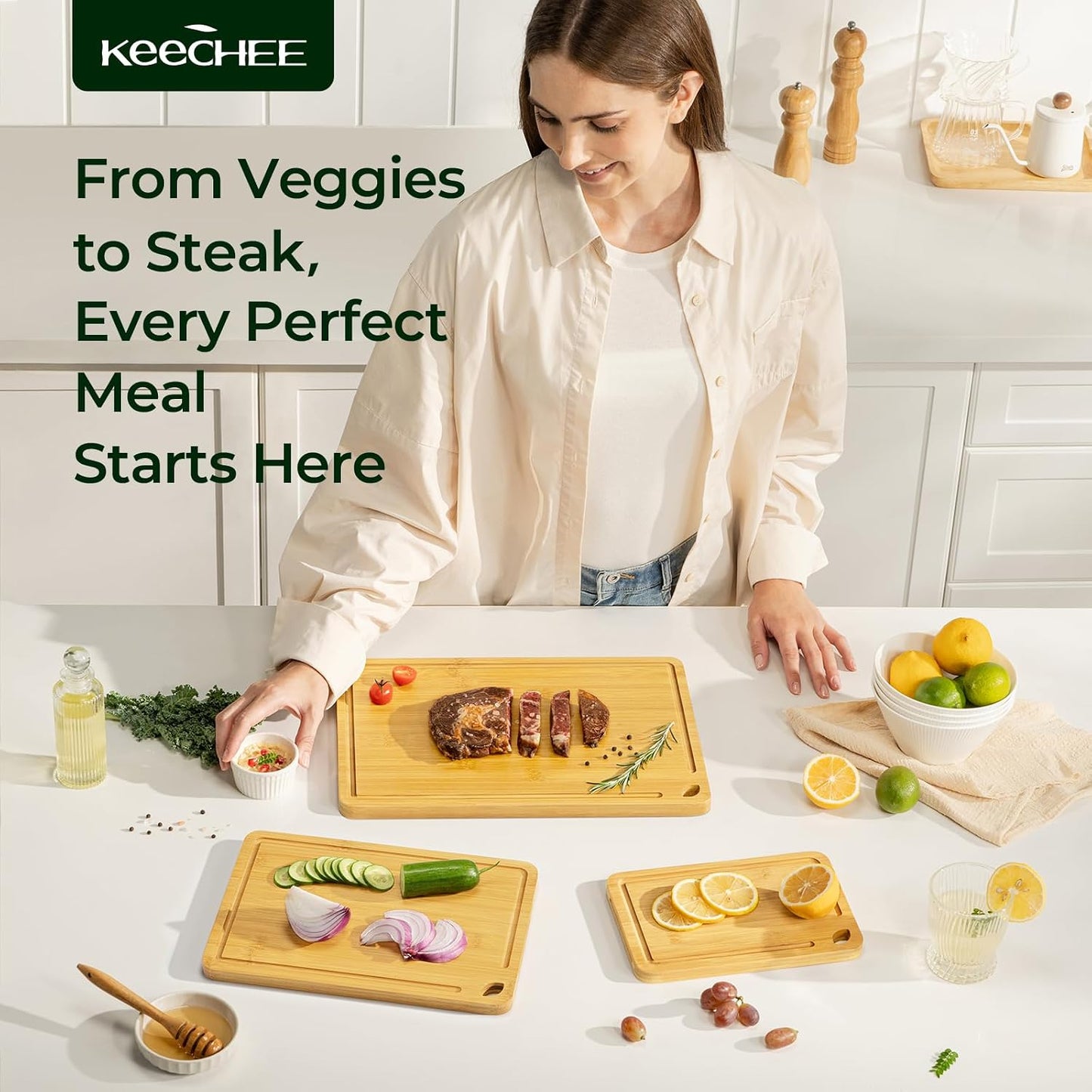Keechee Wood Cutting Board for Kitchen - Reversible Bamboo Cutting Boards Gift Set of 3 with Juice Groove, Wooden Chopping Board for Meat, Fruit, Vegetables & Cheese (Pre Oiled, Natural)
