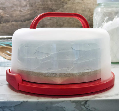Top Shelf Elements Round Cake Carrier Two Sided Cake Holder Serves as Five Section Serving Tray, Portable Cake Stand Fits 10 inch Cake, Cake Box Comes With Handle, Cake Container Holds Pies (White)