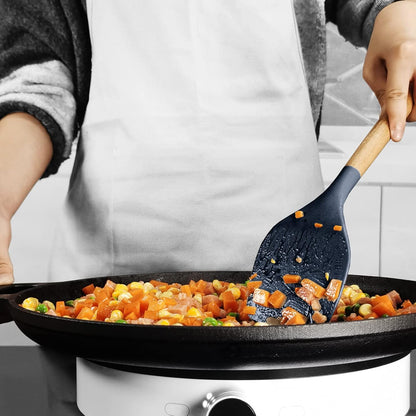 oannao Silicone Cooking Utensils Set - 446°F Heat Resistant Silicone Kitchen Utensils for Cooking,Kitchen Utensil Spatula Set w Wooden Handles, BPA FREE Gadgets for Non-Stick Cookware (Khaki)