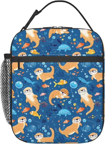 Reusable Sea Otter and Water Lily Lunch Box for Kids Girls Boys Women Adult, Insulated Cute Lunch Bag,Polyester Cooler Handbags Case for School Picnic Work Travel Outdoor Beach or Hiking