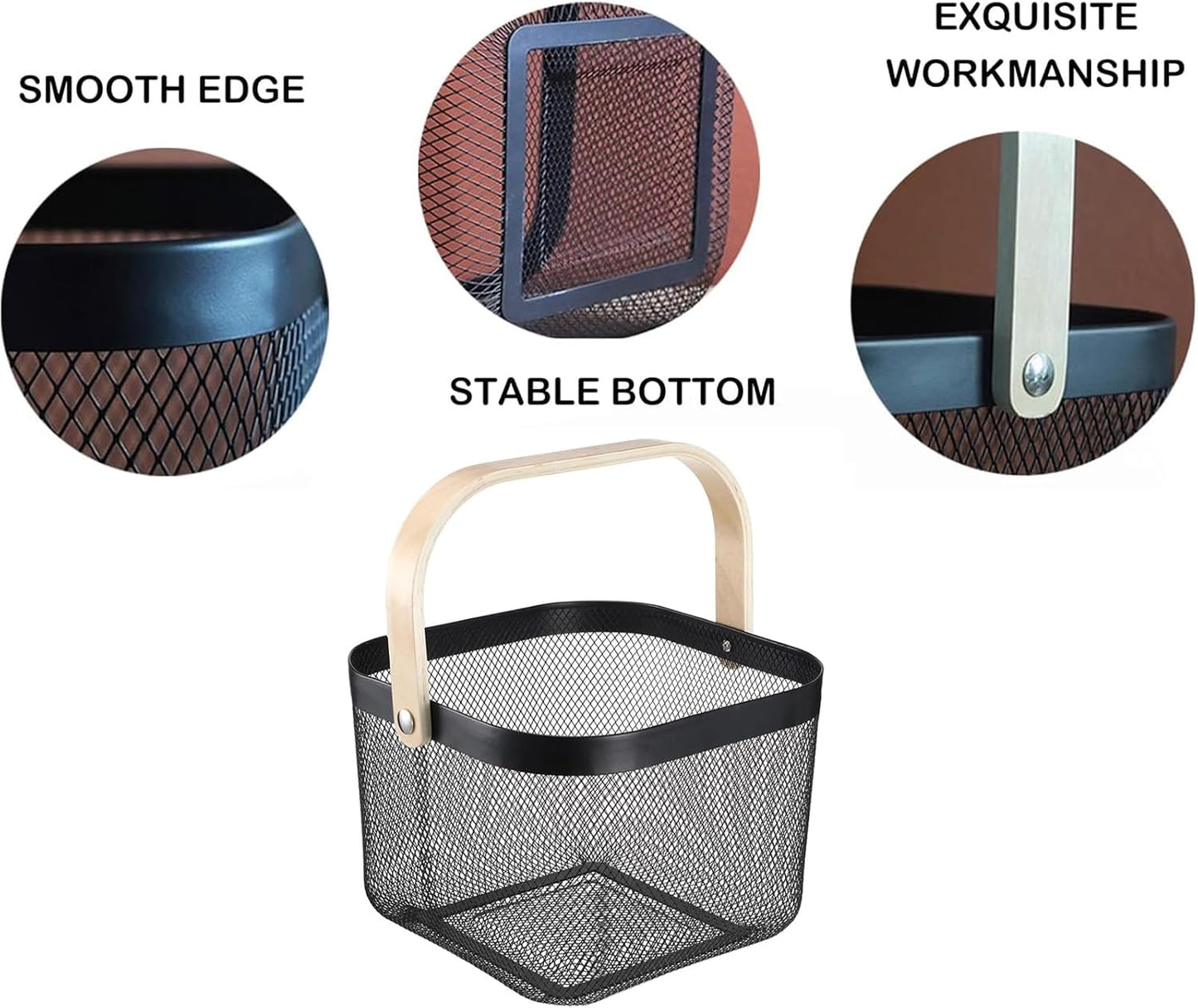 AJIODA Metal Mesh Wire Basket, Large Steel Basket with Wooden Handle Storage Organizer Basket Multi-functional Hanging Kitchen Baskets Fruit Baskets for Kitchen Bathroom Cabinet Pantry Snacks, Black