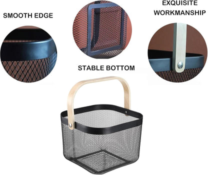 AJIODA Metal Mesh Wire Basket, Large Steel Basket with Wooden Handle Storage Organizer Basket Multi-functional Hanging Kitchen Baskets Fruit Baskets for Kitchen Bathroom Cabinet Pantry Snacks, Black