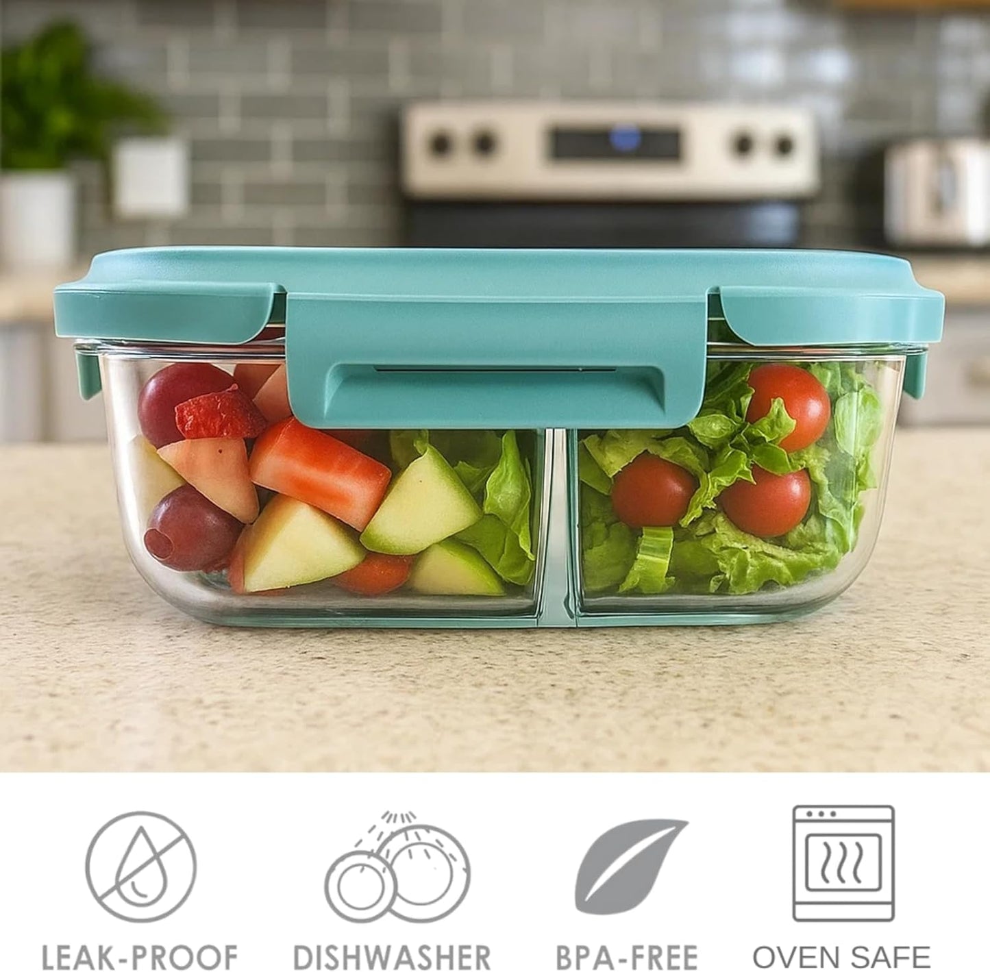 Neoflam 2 Compartment Glass Food Container with Airtight Lid – Divided Oval Bento Lunch Box with Vent, Reusable Meal Prep Storage, Microwave, Oven & Dishwasher Safe (37 oz, 1.1 Liter, 4.6 cups)