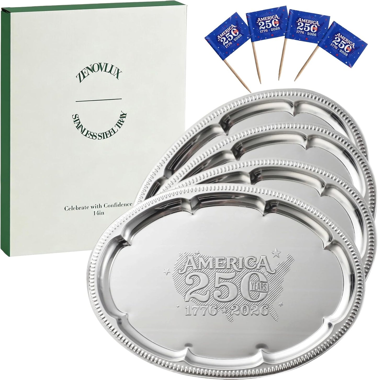 4-Pack 15.7" x 11.8" Silver Serving Trays for Party Set - Oval Floral Engraved Serving Platters, Wedding Birthday Mirror Tray for Summer BBQ, Food, Appetizer, Charcuterie, Cookies, Desserts