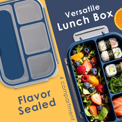 WHALEHOUSE Bento Lunch Box, 1300ML 4 Compartments Meal Prep Container with Utensil, Airtight Food Storage Container with Snap Locking Lids, Microwave/Dishwasher/Freezer Safe, On the Go
