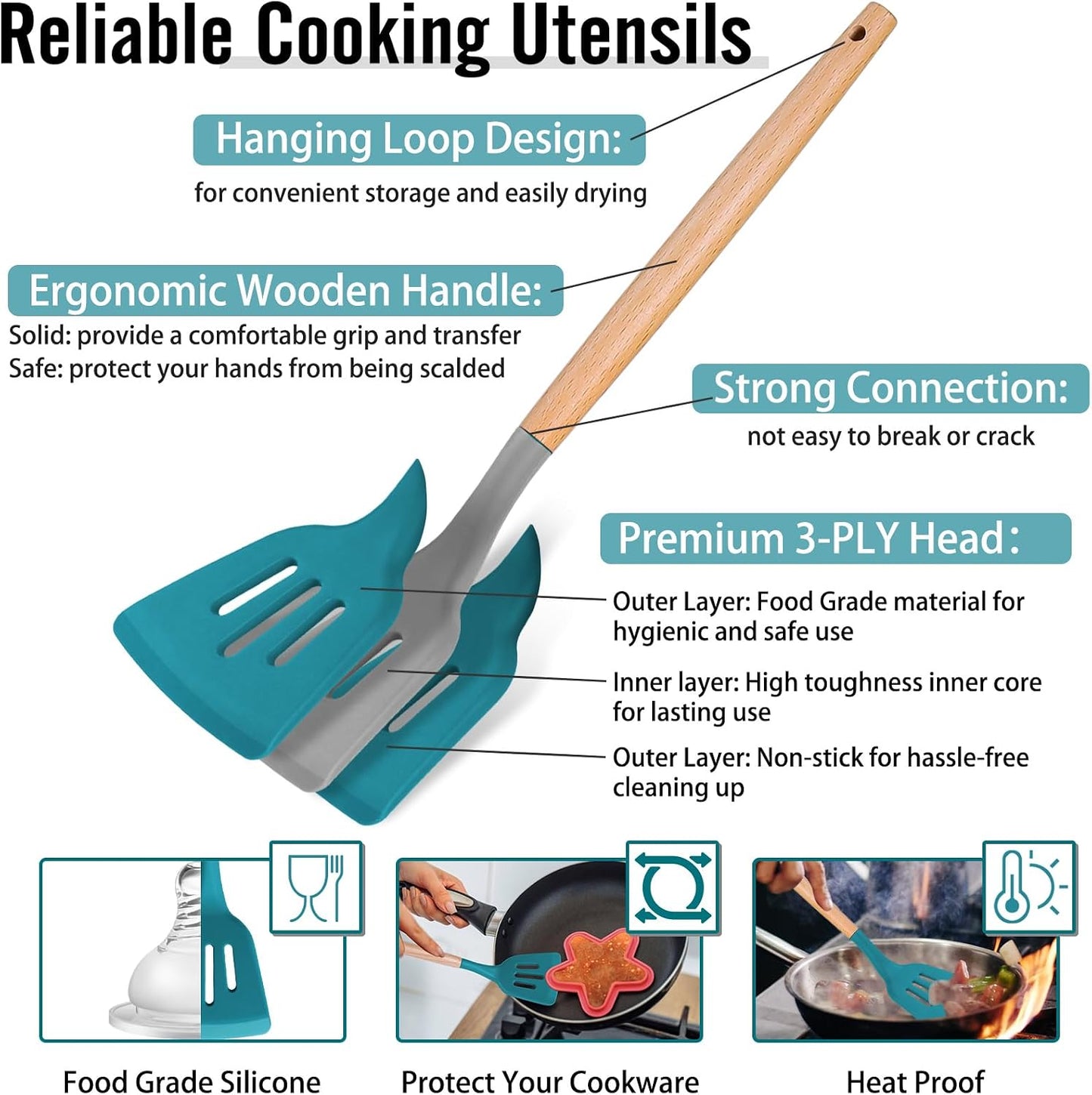 P&P CHEF Silicone Cooking Utensils Set, 12PCS Kitchen Utensils Set with Wooden Handle for Nonstick Cookware, Ladle, Spoon, Spatula, Tong, Heat-resistant & Non-scratch, Non Smell & Healthy, Khaki