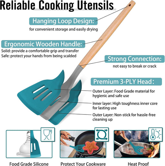 P&P CHEF Silicone Cooking Utensils Set, 12PCS Kitchen Utensils Set with Wooden Handle for Nonstick Cookware, Ladle, Spoon, Spatula, Tong, Heat-resistant & Non-scratch, Non Smell & Healthy, Khaki