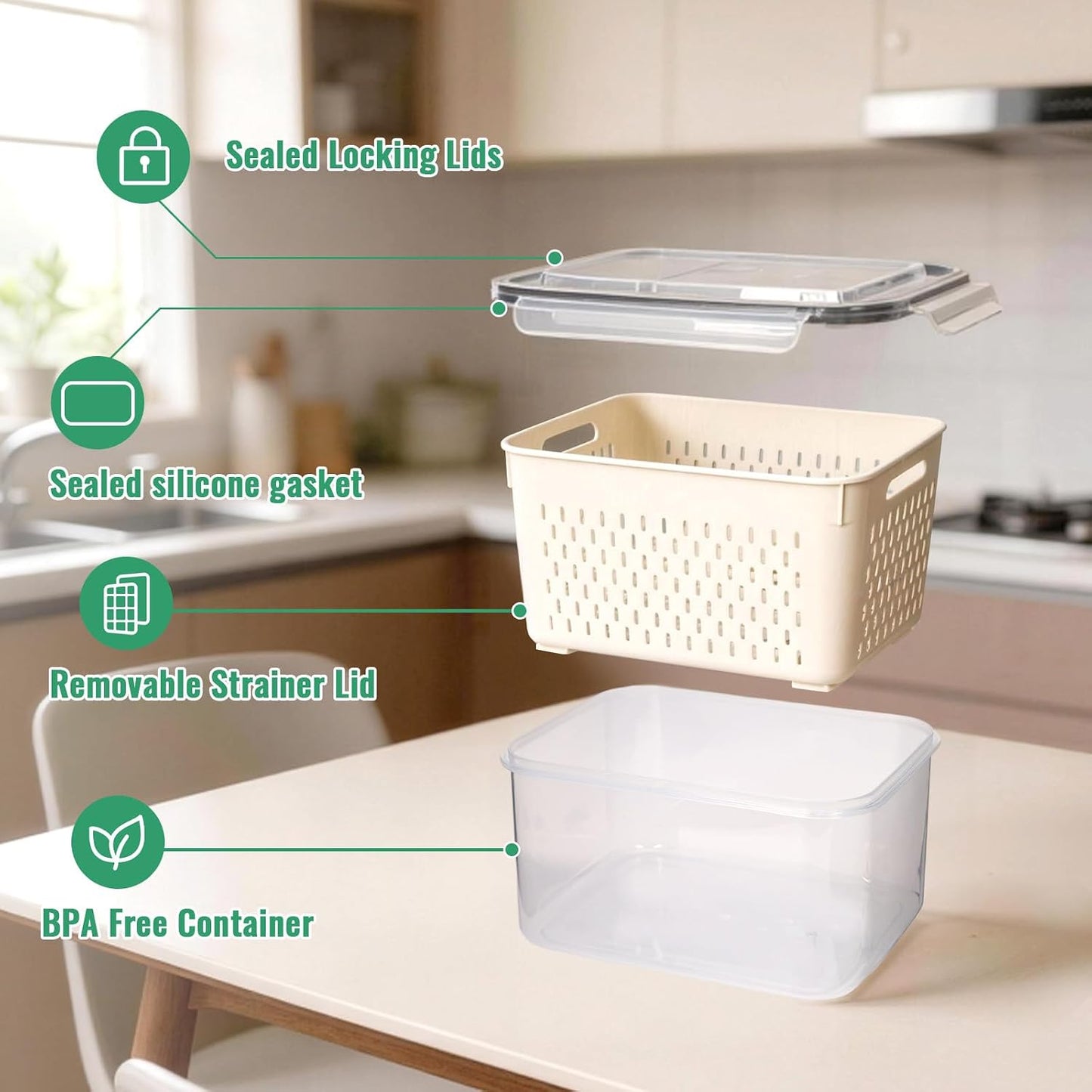 3 PCS Fruit Storage Containers for Fridge Food Berry Storage Container Set with Removable Strainer Lid Berries Container for Fridge BPA-Free Plastic Crisper for Long-Term Freshness