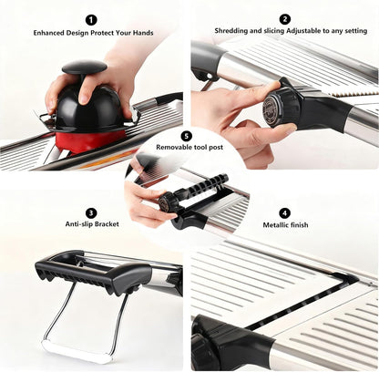 Mandoline Food Slicer for Kitchen, Adjustable Stainless Steel Mandoline Vegetable Slicer, Onion/Potato Slicer/French Fry Cutter, 6-Piece Fruit & Vegetable Cutting Set (Black/Silver)