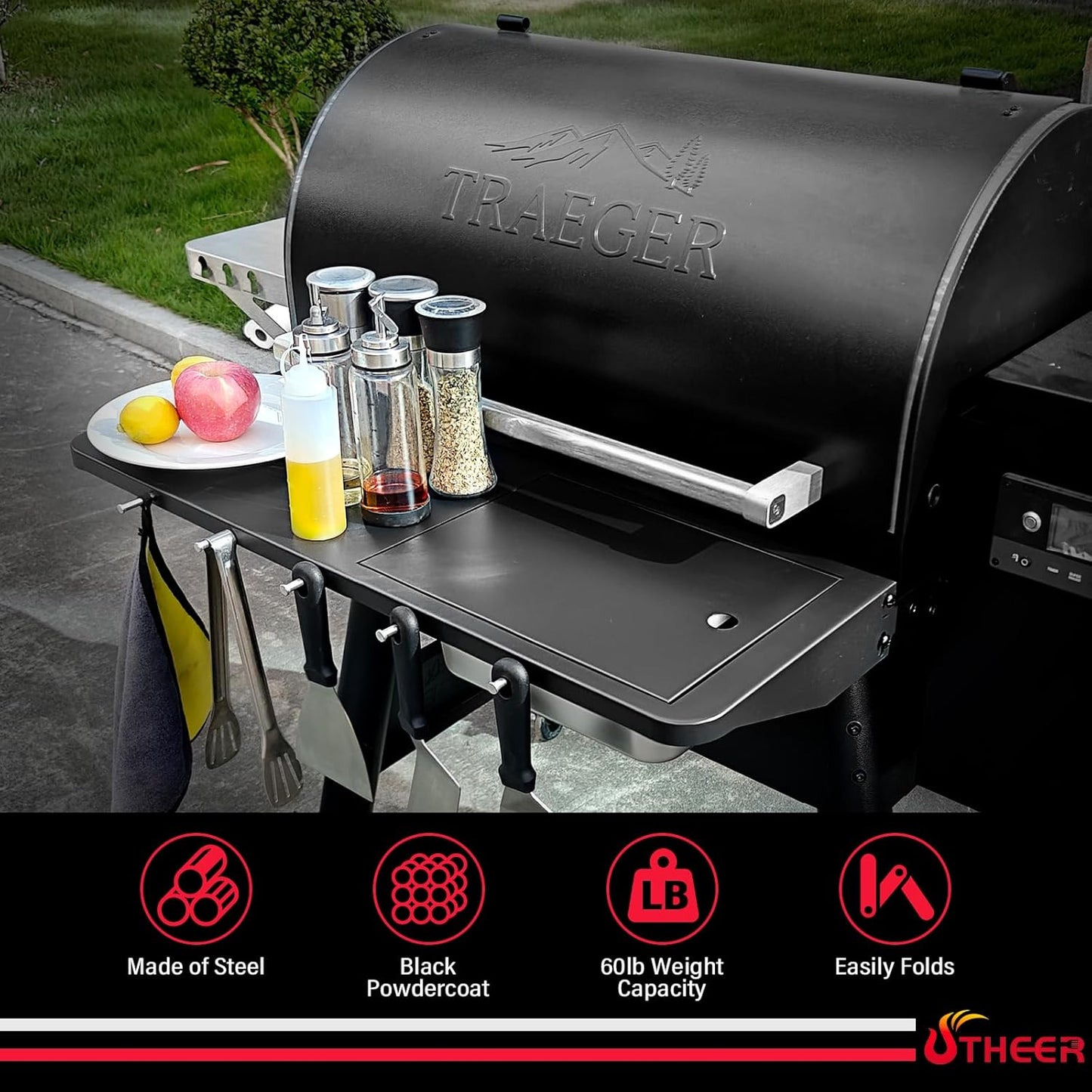 Upgraded Grill Table for Weber Kettle 22"/18"/26", Master Touch 22", Smokey Mountain, Recteq Pellet Grill RT-B380, Prep Station with Cutting Board, Basin, 4 Hooks, Shelf for Weber Kettle Accessories