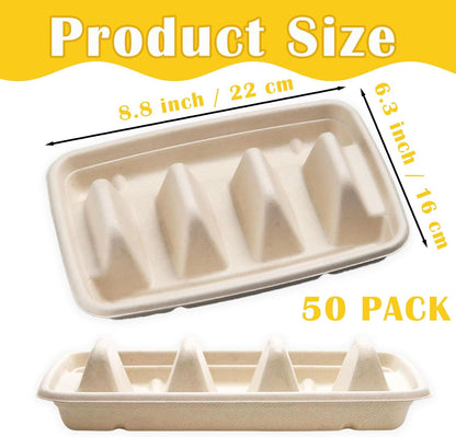 Nexboraque 50 Pack Disposable Taco Holder, 3 Compartments Biodegradable Taco Plates Taco Stands Bar Serving Set for a Party, Taco Tuesday, Microwave Safe
