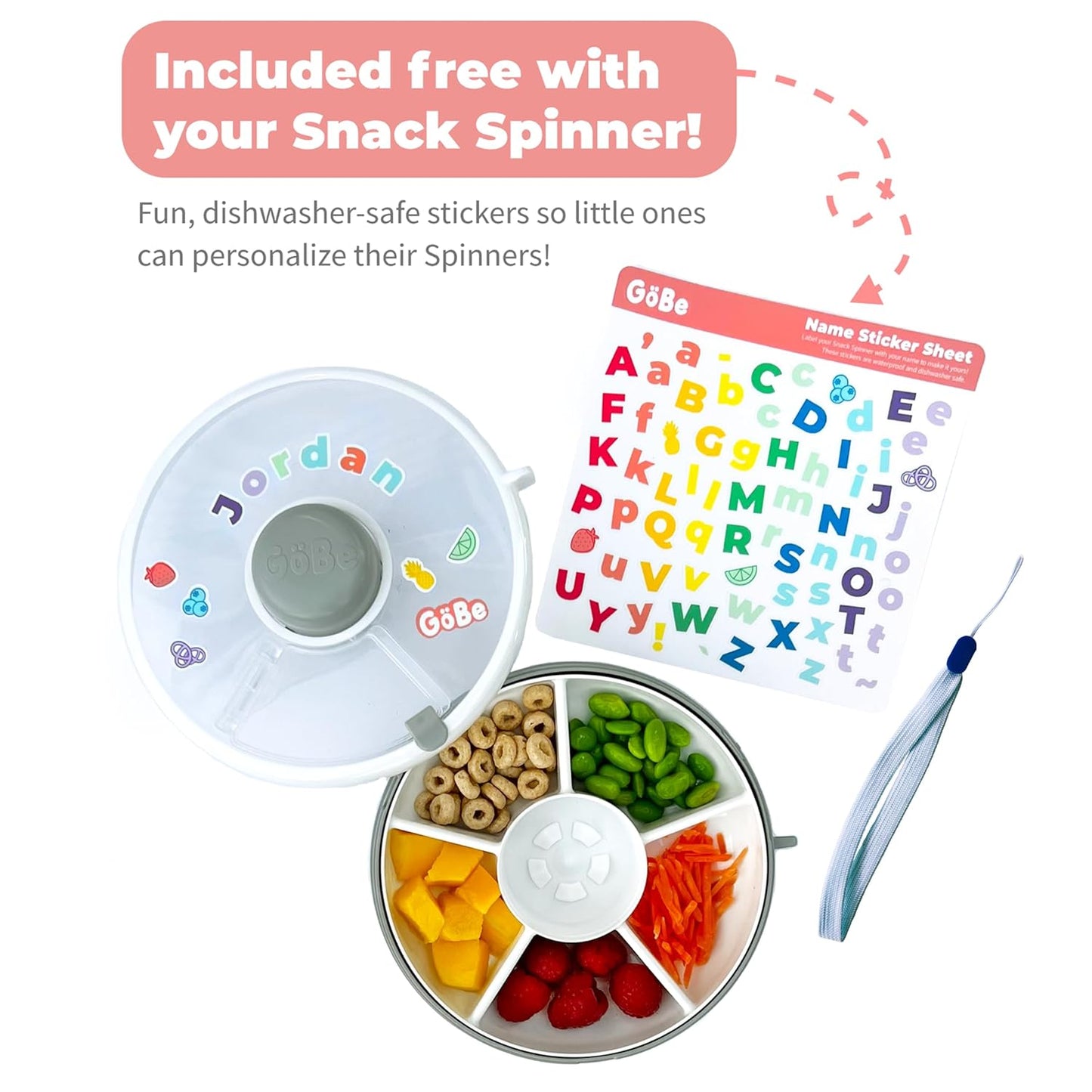 GoBe Kids Small Snack Spinner Flip Bundle with Hand Strap and Sticker Sheet - Reusable Snack Container with 5 Compartment Dispenser and Lid | BPA/PVC Free | Dishwasher Safe | No Spill- Mint Green