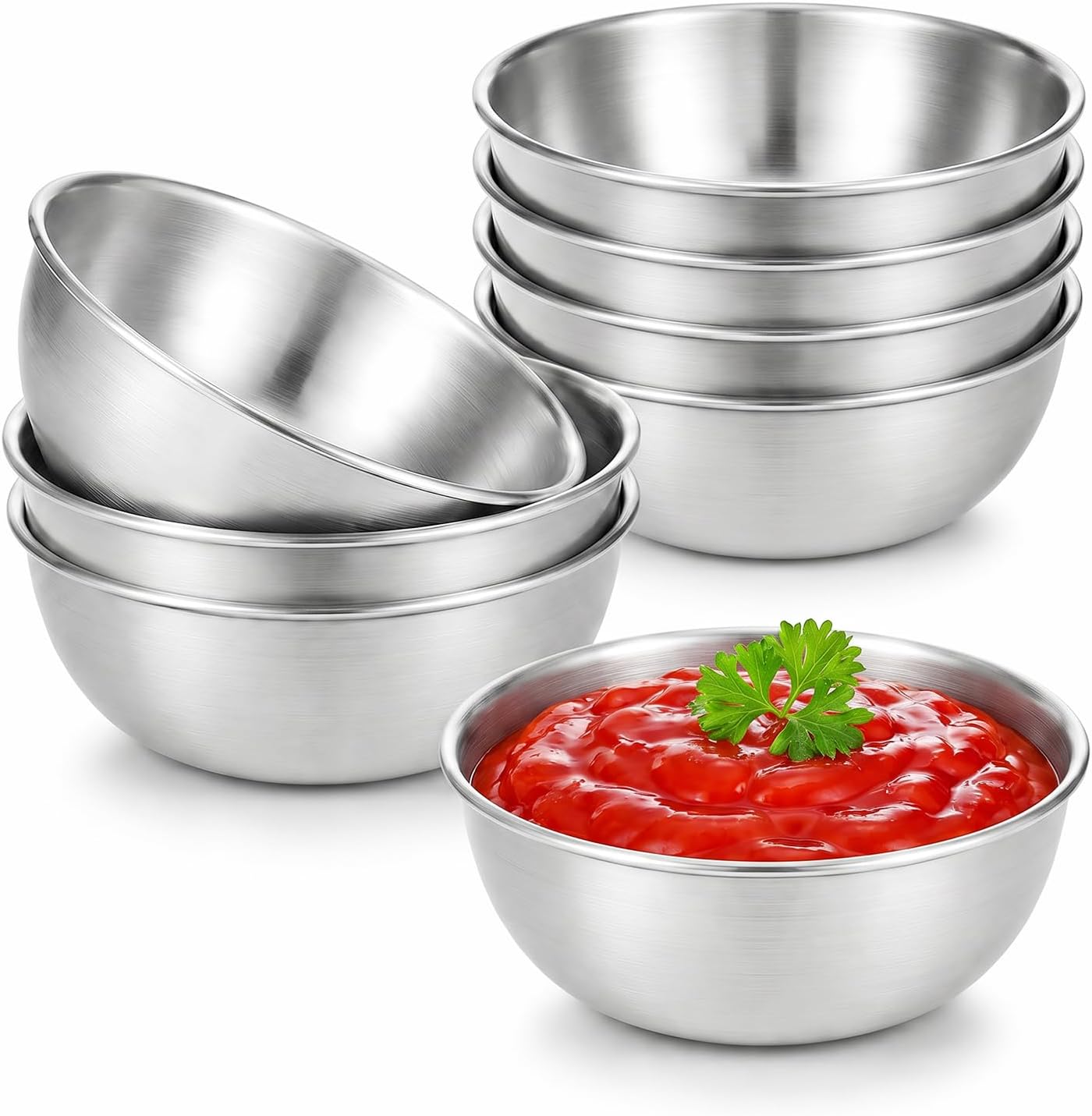 tifanso 8PCS Small Dipping Bowls - Stainless Steel Sauce Condiment Cups, Mini Soy Sauce Dish, Appetizer Plates for Charcuterie, Ketchup, Seasoning, BBQ, Party, Camping, Easy to Clean, Silver