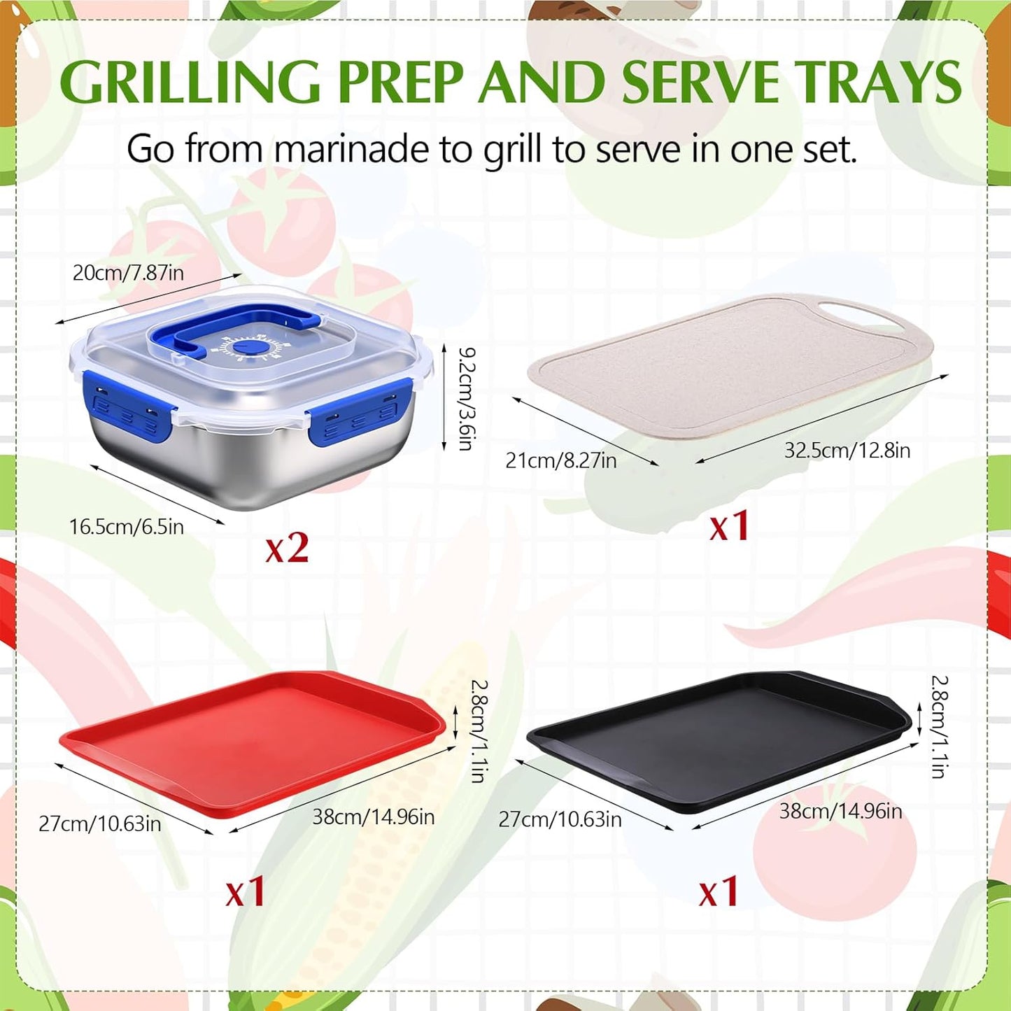 5 Pcs Grill Prep Trays Set Includes Grilling Deep Prep and Serve Trays, 2 Pcs 60oz Stainless Steel Food Container, Cutting Board for Raw Meat Marinating and Finished Cooked Food