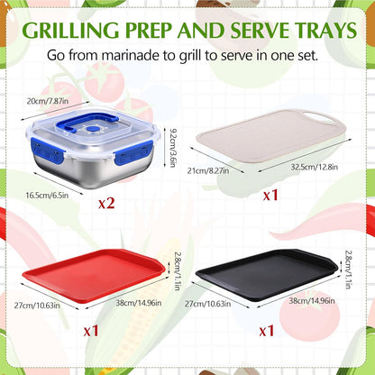 5 Pcs Grill Prep Trays Set Includes Grilling Deep Prep and Serve Trays, 2 Pcs 60oz Stainless Steel Food Container, Cutting Board for Raw Meat Marinating and Finished Cooked Food