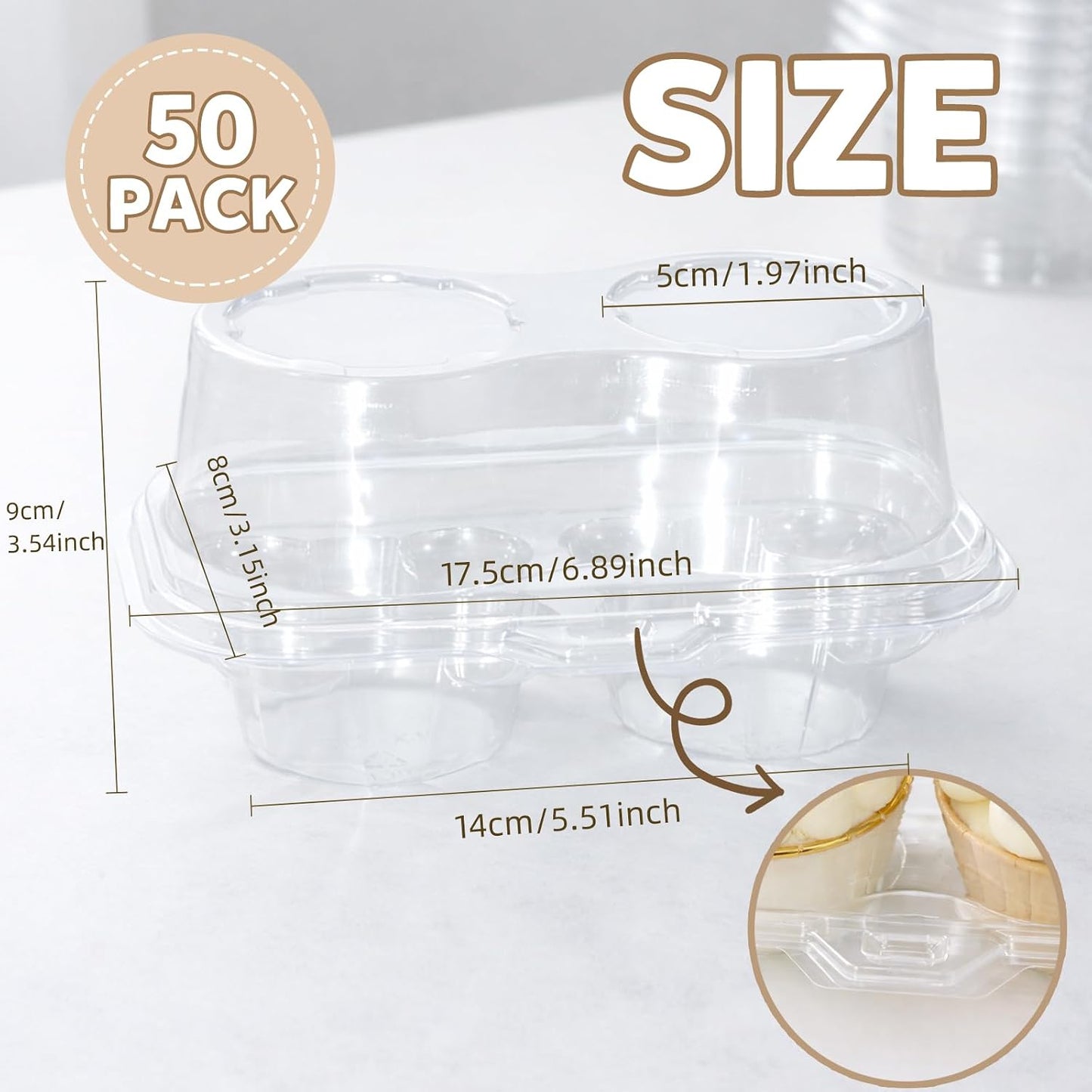 WIKDAY 2 Count Cupcake Containers with Lids, 25 Pack Stackable cupcake holders Clear Plastic Dessert Boxes for 50 Cupcakes, Muffins