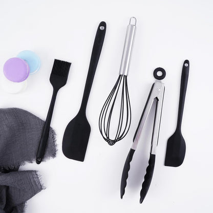 Silicone Kitchen Utensils Set - 5 Pcs Spatula Set with Holder, Heat Resistant, Dishwasher Safe (Green)