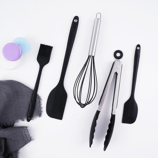Silicone Kitchen Utensils Set - 5 Pcs Spatula Set with Holder, Heat Resistant, Dishwasher Safe (Green)