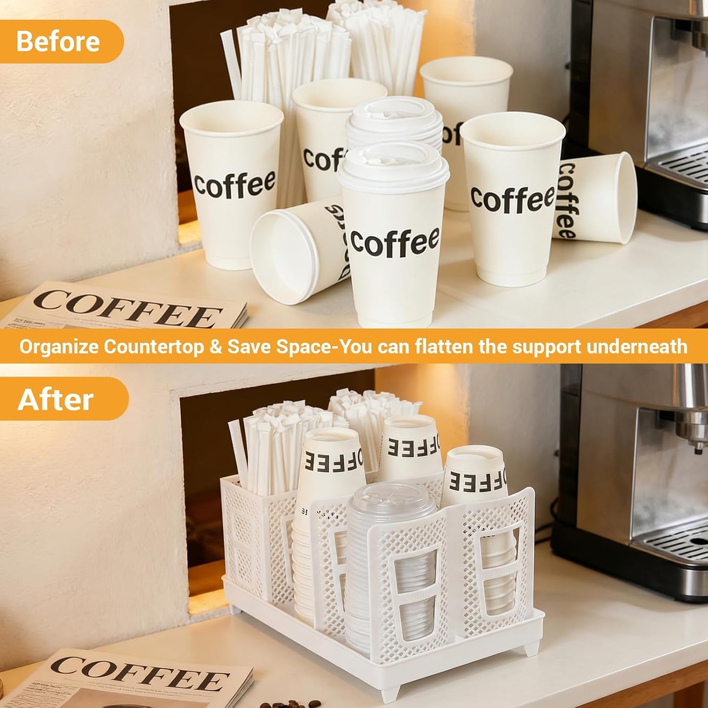 Detachable Paper Cup and Lid Holder, 6 Slots Disposable Cup Dispenser with Straw Organizer, Countertop Organizer for Coffee Station Bar Restaurant Office Breakroom (White)