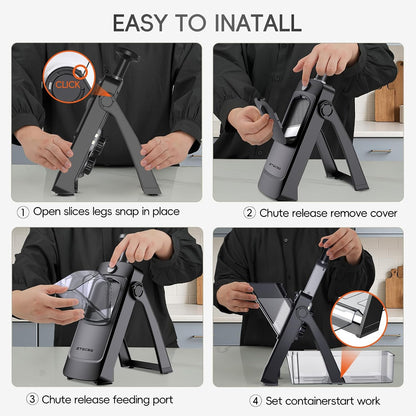 [7 in 1 ] Vegetable Slicer for Kitchen, Safe Mandoline Slicer, Adjustable Veggie Potato French Fry Cutter, Wider Tray & Stainless Steel Grater & Filter Basket & Lid & Cleaning Brush (Gray Pro)