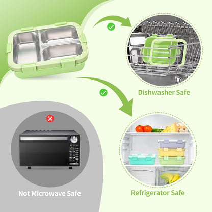 Kids Stainless Steel Bento Box, 3 Compartments Leakproof Lunch Box, Portable Food Storage Containers with Silicone Lids BPA-Free for Office, Picnics, Travel, Blue