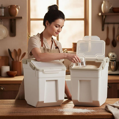 Rice Storage Container 25 lbs, Grey, 2 Pack | Airtight, with Wheels, Locking Lid, Measuring Cup Included, for Flour Sugar Grain Cereal