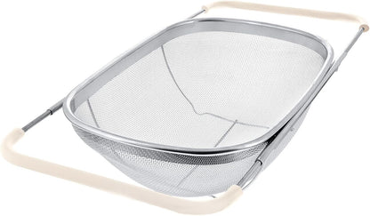 AJIODA Over The Sink Colander, 4 Quarts Stainless Steel Oval Colander with Expandable Rubber Grip Handle, Fine Mesh Strainer Baskets Kitchen Colanders for Strain, Drain, Rinse Vegetable, Fruits, Black