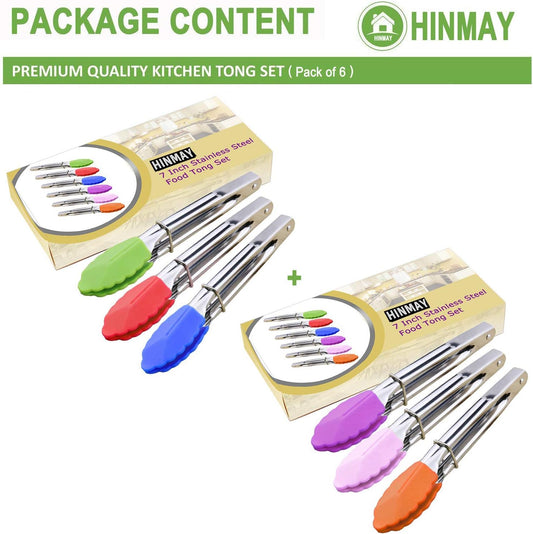 HINMAY Mini Stainless Steel Food Tongs with Silding Rings 7-Inch, Set of 6 | Small Clam Shell Service Tongs for Serving Appetizers, Desserts, Salads, Barbecue and Cooking (Silver)