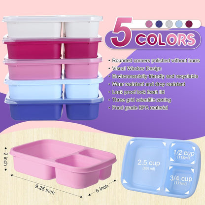 Honeydak 5 Pack Snack Containers 3 Compartment Bento Snack Boxes Divided Meal Prep Containers with Lids Reusable Adults Lunch Food Storage Box for School Work Travel(Elderberry)