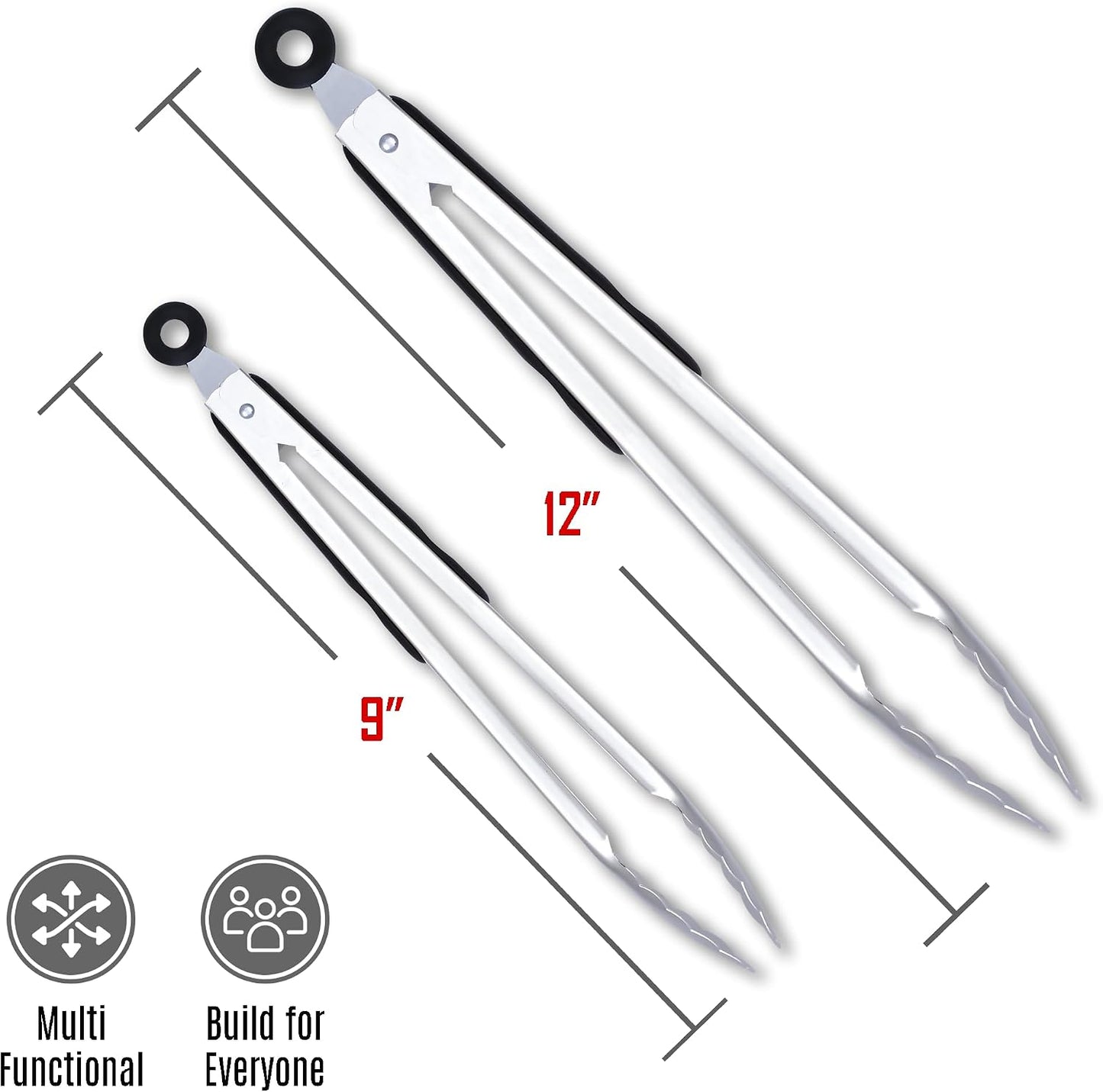 Pack of 3 Stainless Steel Kitchen Tongs with Silicone Tips – Non-Stick Cooking, Grilling & BBQ Tongs for Serving, Dishwasher Safe, 7", 9" & 12", Black