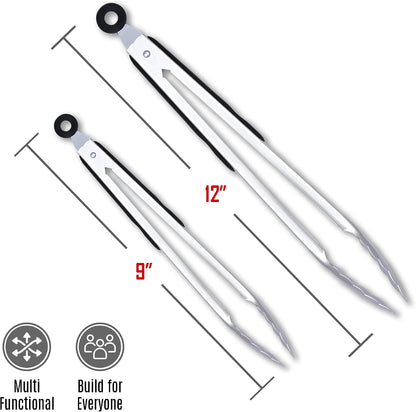 Pack of 3 Stainless Steel Kitchen Tongs with Silicone Tips – Non-Stick Cooking, Grilling & BBQ Tongs for Serving, Dishwasher Safe, 7", 9" & 12", Black