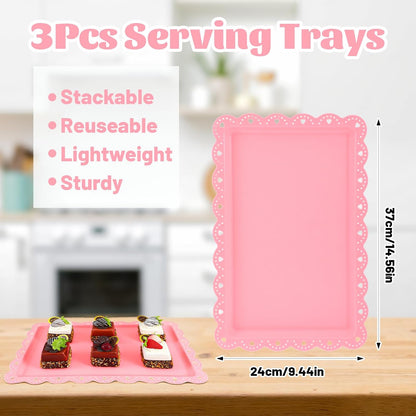 5 Pcs Dessert Stand Set, 2X Small 3 Tiers White Plastic Cupcake Stand Holder & 3X Rectangle Party Serving Trays/Platters for Wedding Birthday Baby Shower Tea Party Buffet (Pink)