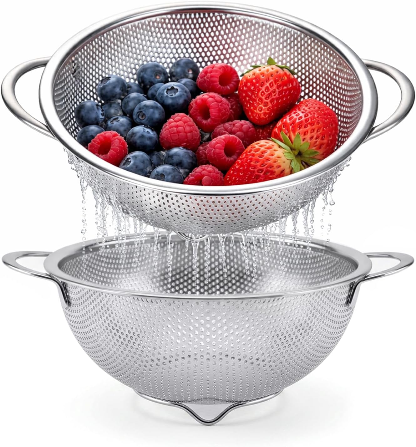 Palksky Stainless Steel Colander Set with Self-Draining Base, 3 Sizes Colanders & Food Strainers for Pasta, Rice, Fruits & Veggies, Metal Colander with Draining Plate for Sink or Countertop