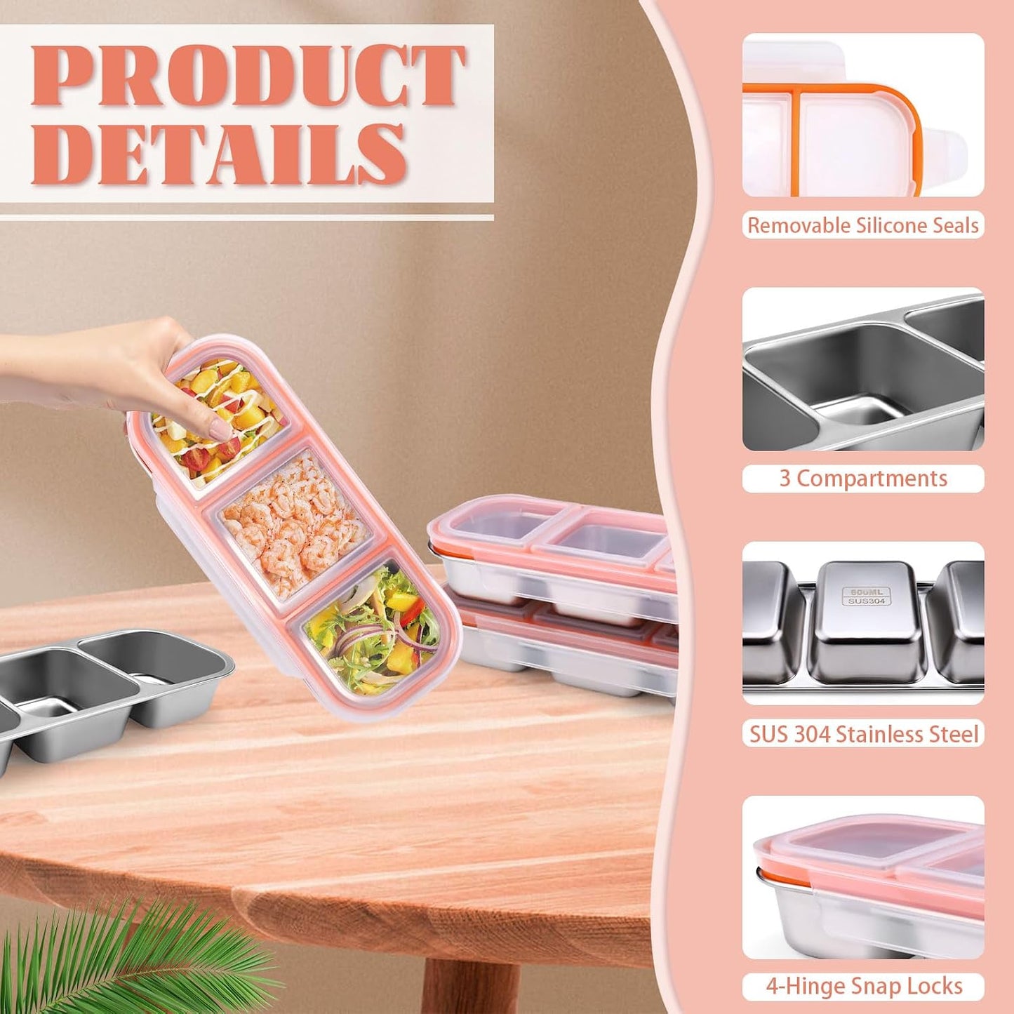 Snack Containers with Leakproof Lids, 3 Compartment Lunchable Meal Prep Containers Reusable 18/8 Stainless Steel, Stackable Food Storage Bento Lunch Box, 4 Pack