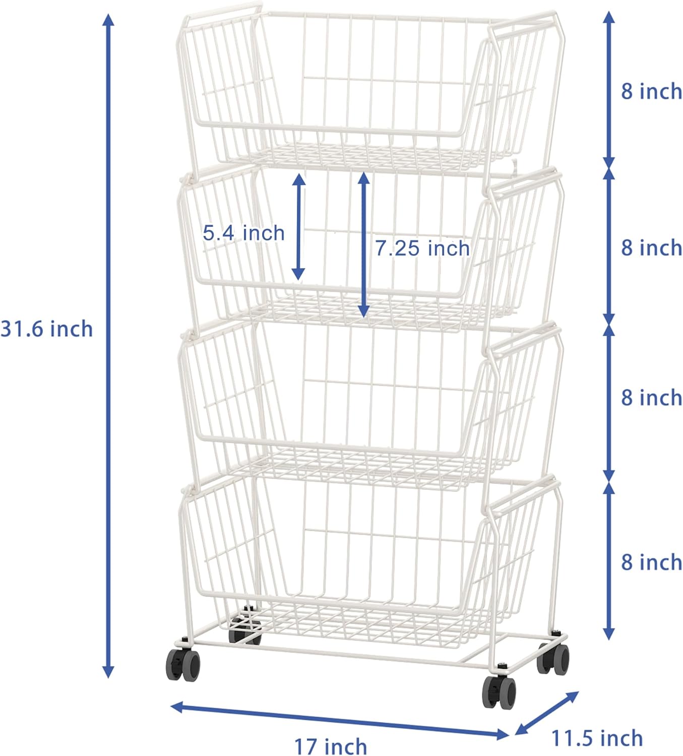 PUSDON 4-Tier Spacious Stackable Wire Storage Baskets with Wheels, Metal Rolling Utility Cart Organizer, Fruit and Vegetable Produce Basket for Kitchen Pantry, Everyday Bathroom Shelf, Silver Grey