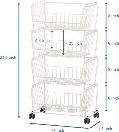 PUSDON 4-Tier Spacious Stackable Wire Storage Baskets with Wheels, Metal Rolling Utility Cart Organizer, Fruit and Vegetable Produce Basket for Kitchen Pantry, Everyday Bathroom Shelf, Silver Grey