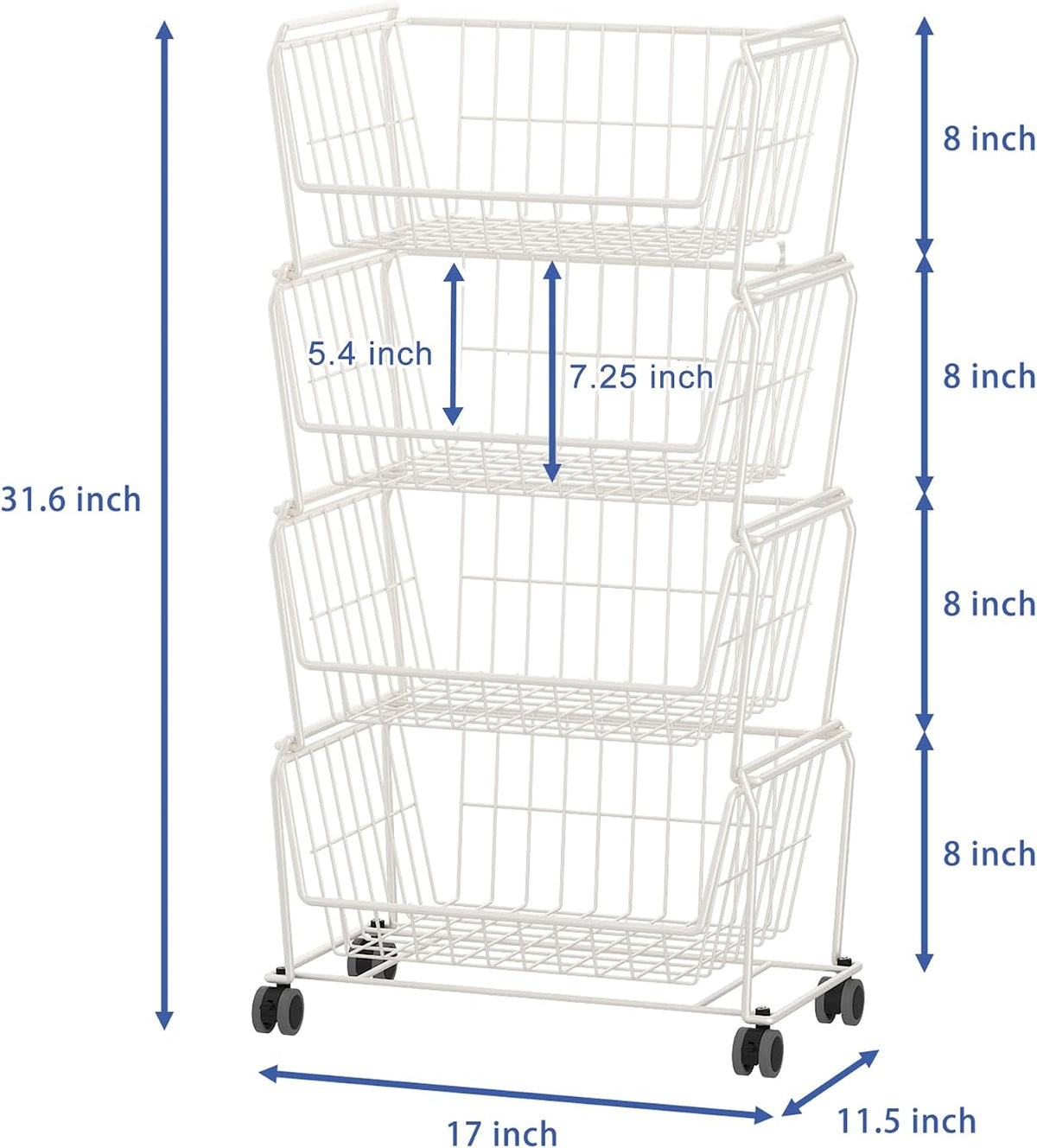 PUSDON 4-Tier Spacious Stackable Wire Storage Baskets with Wheels, Metal Rolling Utility Cart Organizer, Fruit and Vegetable Produce Basket for Kitchen Pantry, Everyday Bathroom Shelf, Silver Grey