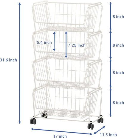 PUSDON 4-Tier Spacious Stackable Wire Storage Baskets with Wheels, Metal Rolling Utility Cart Organizer, Fruit and Vegetable Produce Basket for Kitchen Pantry, Everyday Bathroom Shelf, Silver Grey